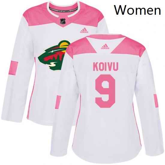 Womens Adidas Minnesota Wild 9 Mikko Koivu Authentic WhitePink Fashion NHL Jersey